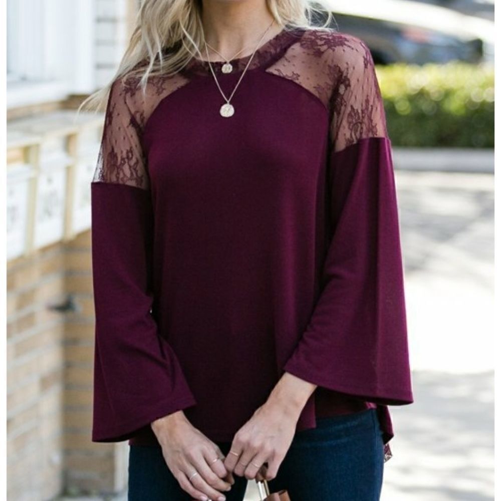 Wine lace-back bell-sleeve tunic top